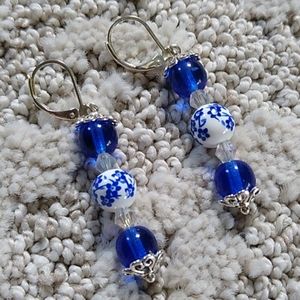 Handmade Gemstone Earrings Blue with flowers